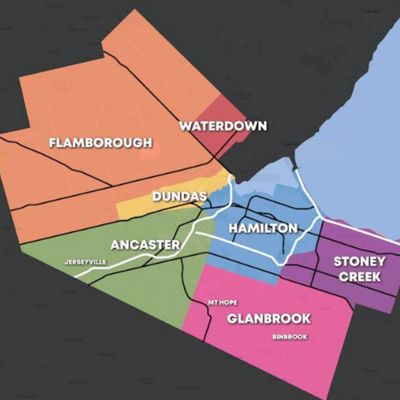 Color-coded map of Hamilton and surrounding areas showing neighborhood names.