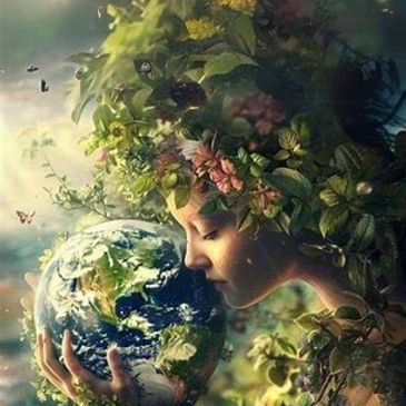 Woman with foliage embraces the Earth, symbolizing nature's bond.