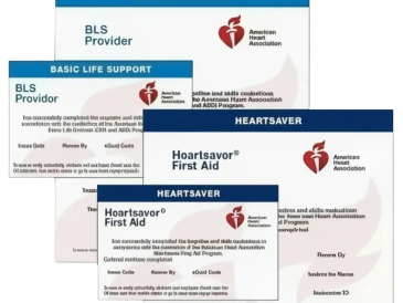 Stack of American Heart Association Heartsaver First Aid and BLS Provider cards.