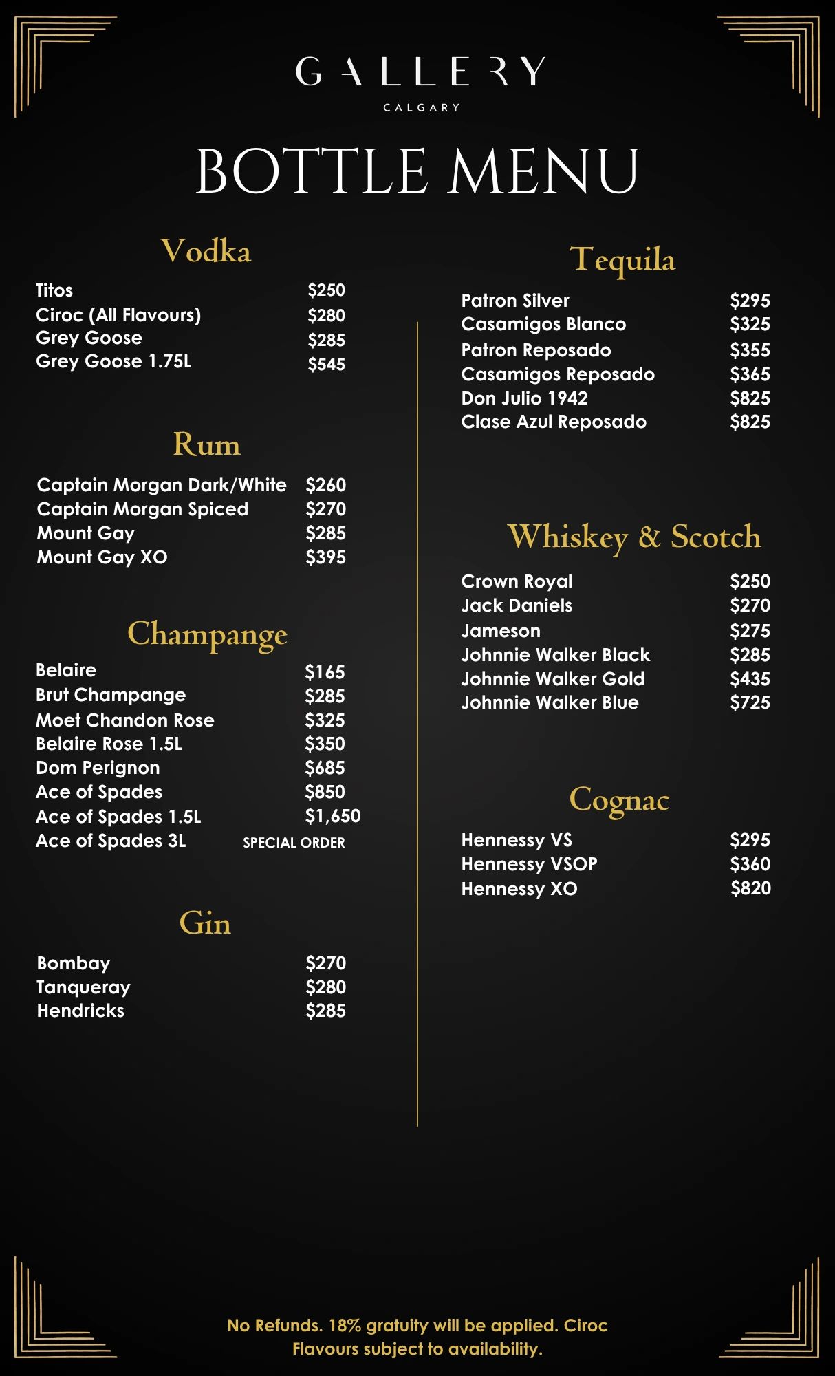 Elegant bottle menu featuring premium vodka, tequila, rum, champagne, whiskey, scotch, gin, and cognac with prices.
