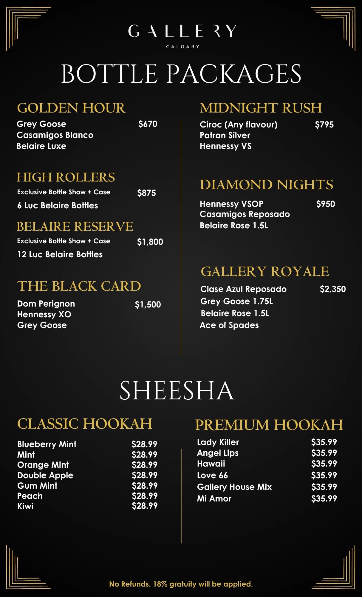 Elegant menu showcasing bottle packages and sheesha flavors with prices at Gallery Calgary.
