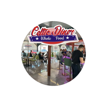 Celtic Diner Playa Flamenca Logo and photo of customers eating at tables.