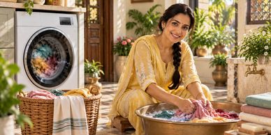 Woman washing clothes by hand with a washing machine nearby.