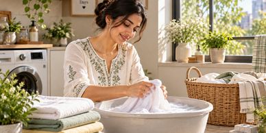 Woman smiling while hand-washing clothes in a basin.