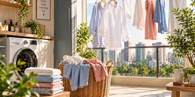 Sunlit balcony laundry area with hanging clothes and wicker basket.