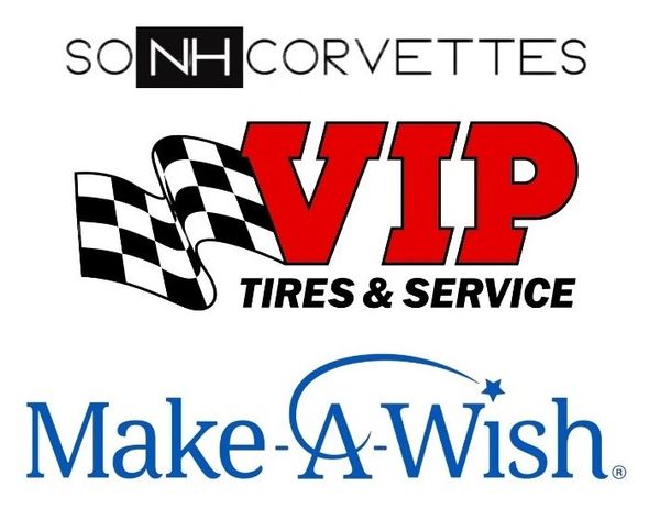 Logos of So NH Corvettes, VIP Tires &amp; Service, and Make-A-Wish charity.
