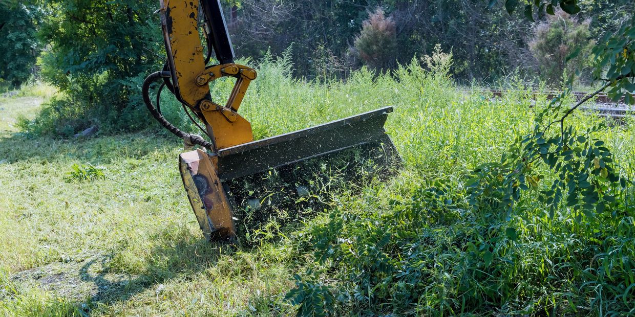 Roadside mower removing weeds along road.