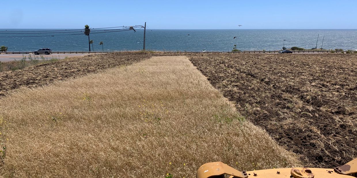 Tractor discing weeds for weed abatement in malibu