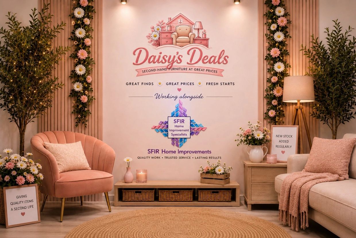 Cozy, floral-themed second-hand furniture store corner with soft pink and beige tones.