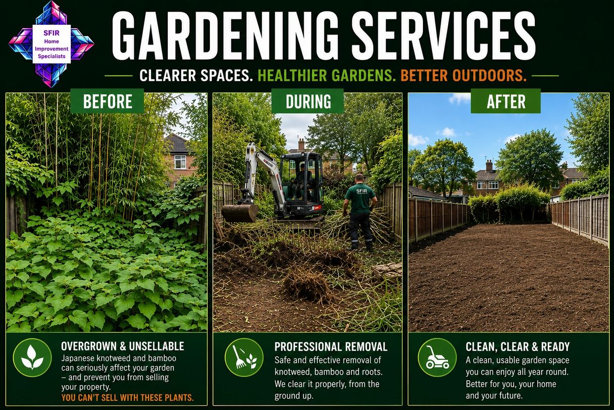 Before, during, and after images of professional garden clearing and knotweed removal.