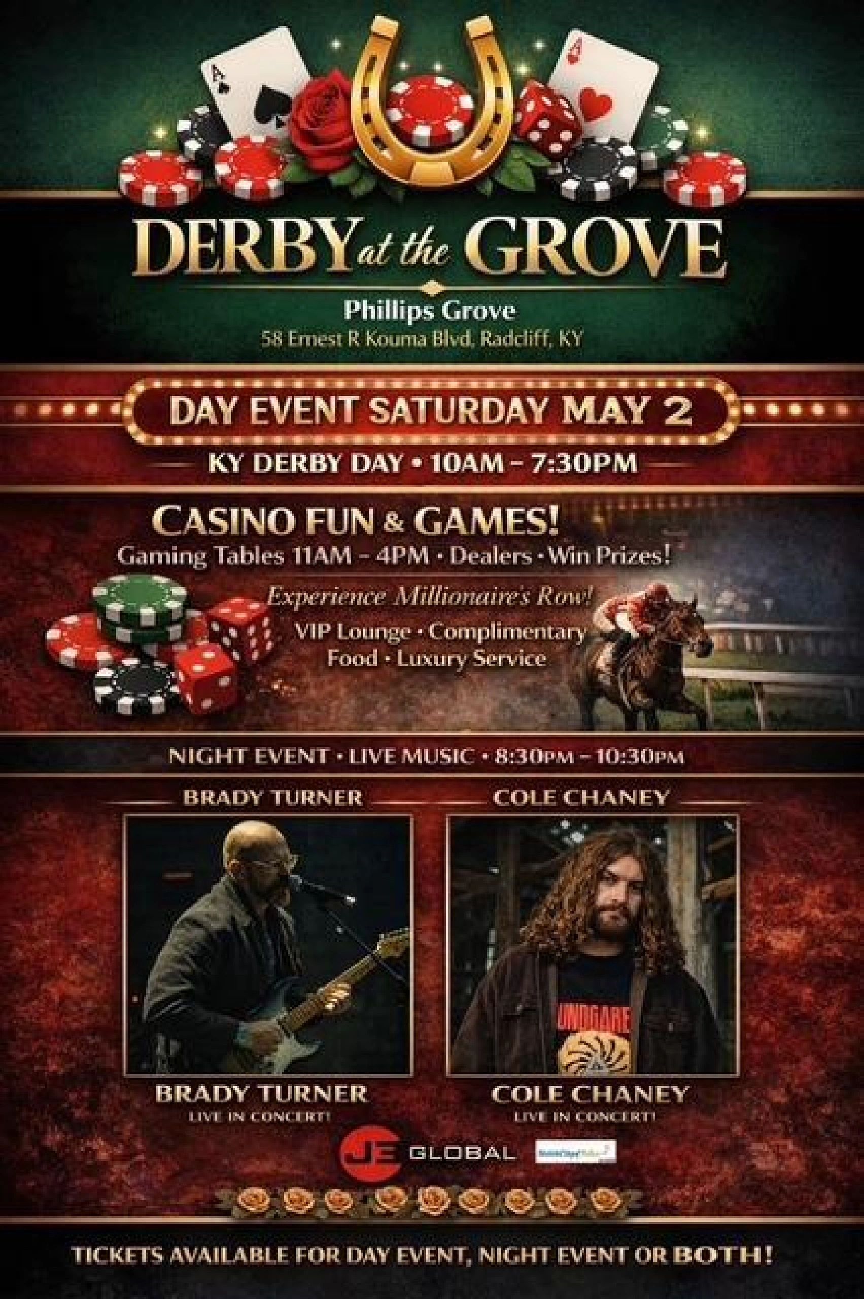 Derby at the Grove event with casino games and live music on May 2 in Radcliff, KY.