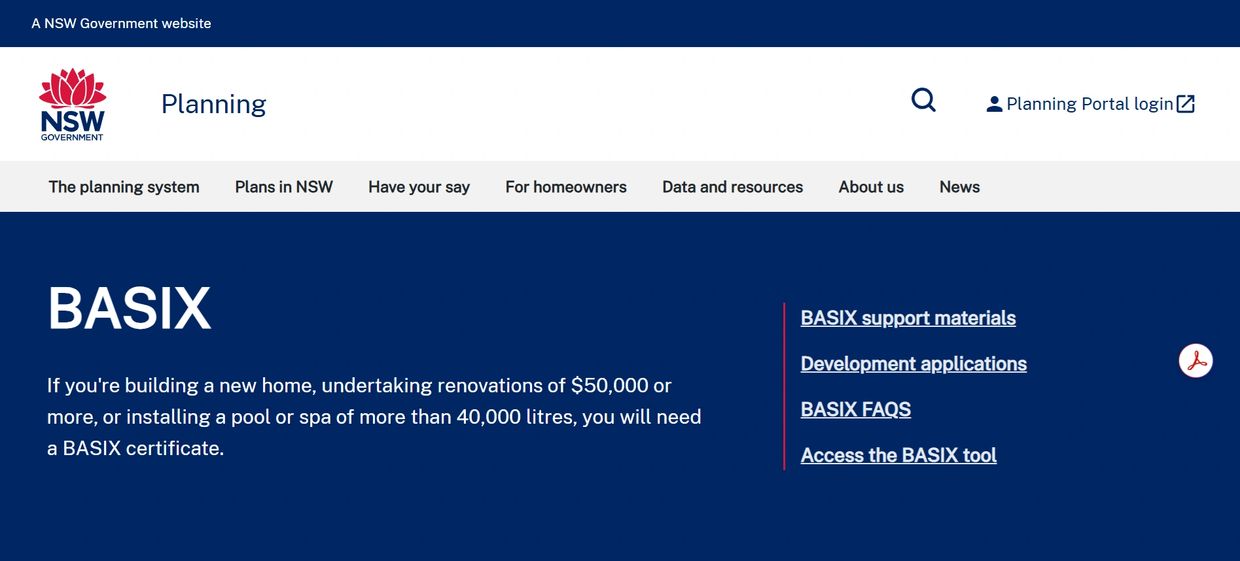 The BASIX login page which is found at the NSW planning portal