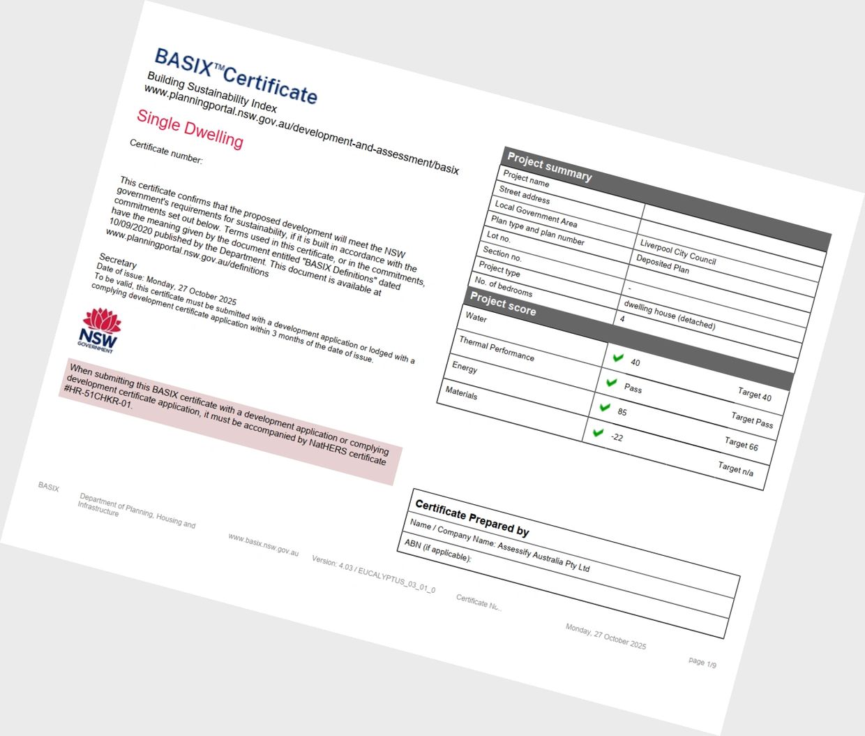 BASIX NSW Certificate