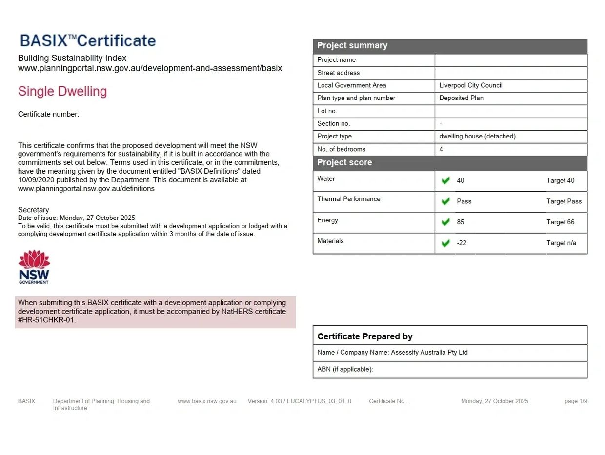An example of a BASIX compliance certificate which can be organised by Assessify.