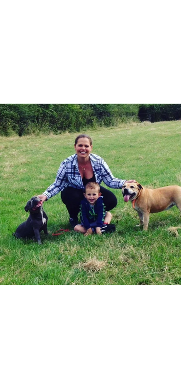 A woman, a child, and two dogs happily posing on a grassy field.