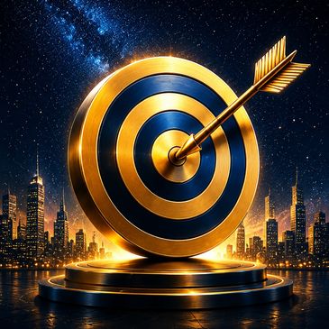 Golden target with arrow hitting the bullseye against a city and starry sky.