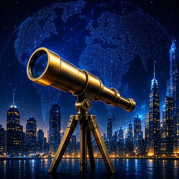 Golden telescope overlooking a city skyline with a digital globe backdrop.