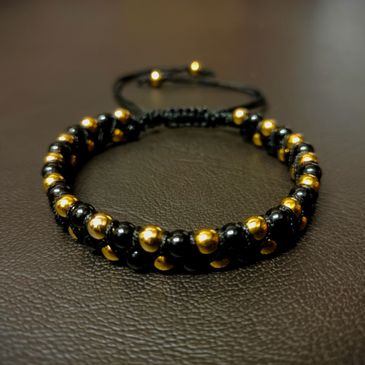 Two layers of hematite and onyx stone braided bracelet