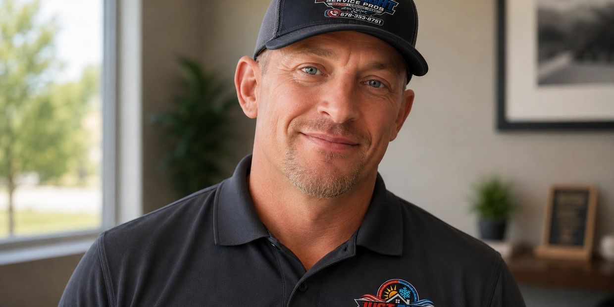 Man in a branded polo and cap smiling warmly.