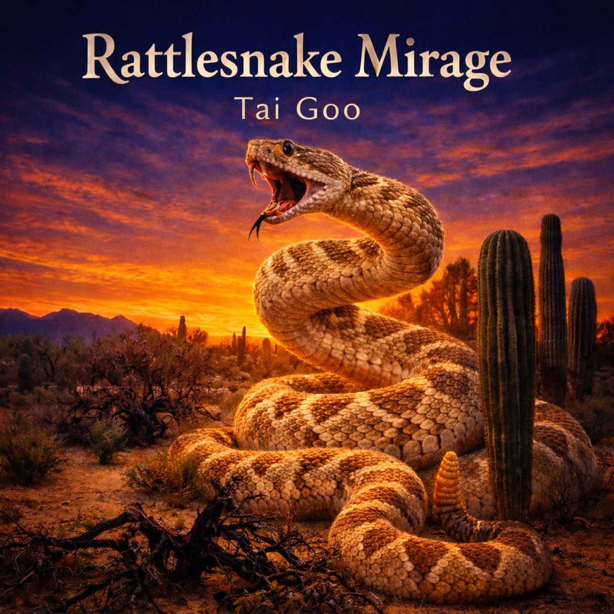 A coiled rattlesnake in a desert at sunset with the title 'Rattlesnake Mirage'.