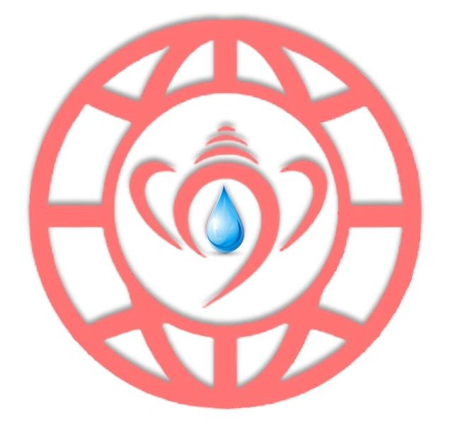 Red circular pattern with a blue water drop in the center.