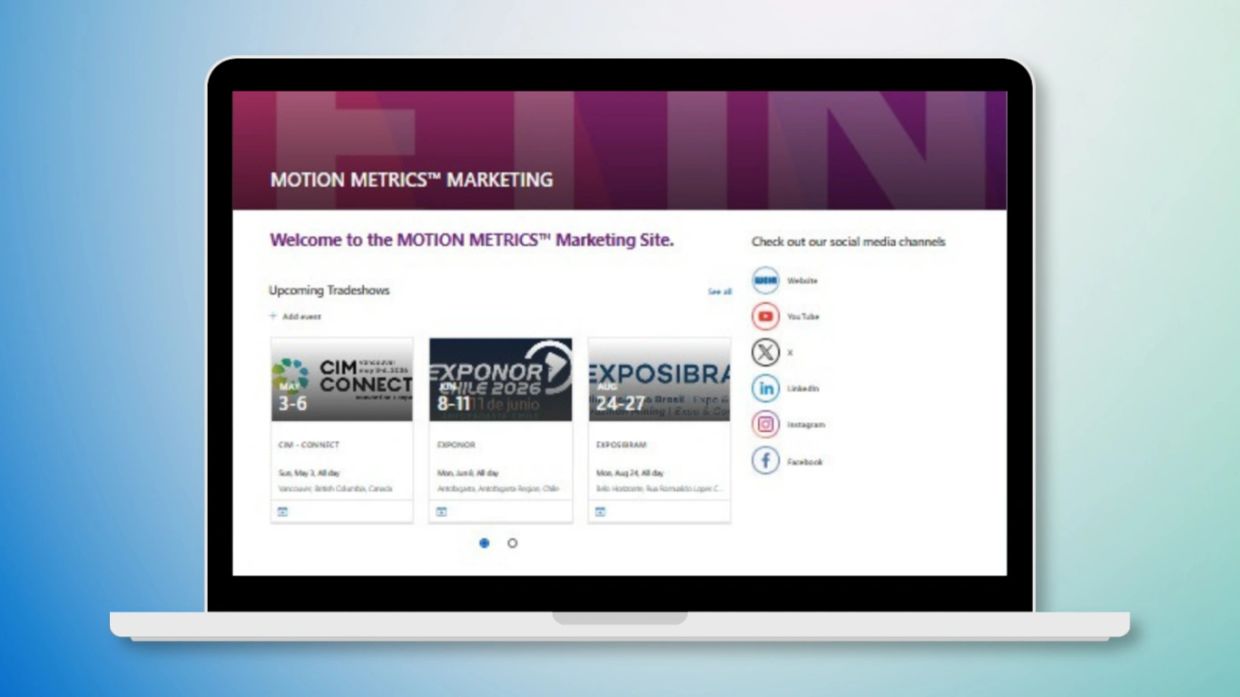 Laptop screen showing the Motion Metrics Marketing site with upcoming tradeshows and social media links.