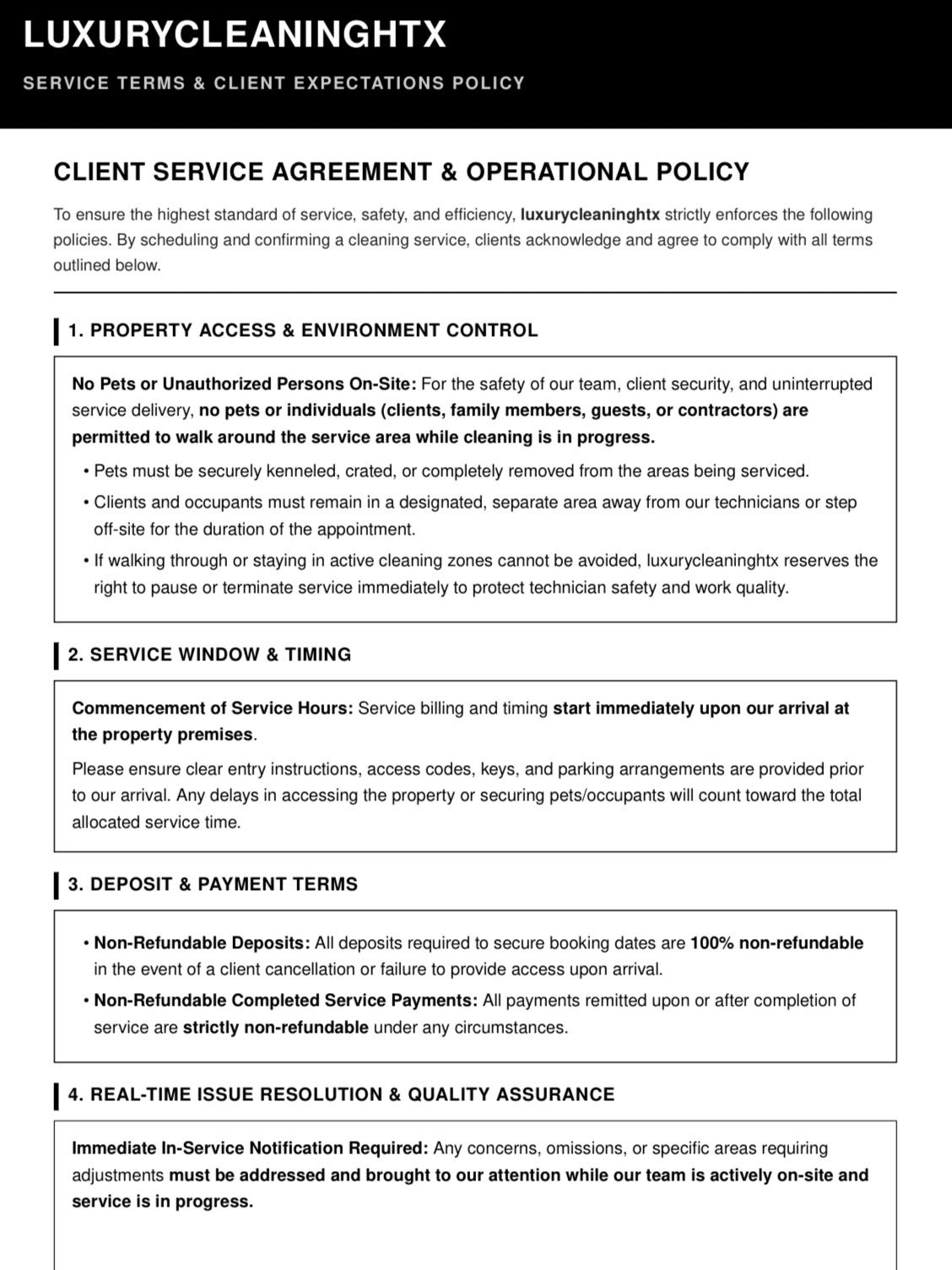 LuxuryCleaningHTX client service agreement outlining policies on pets, service timing, payments, and issue resolution.