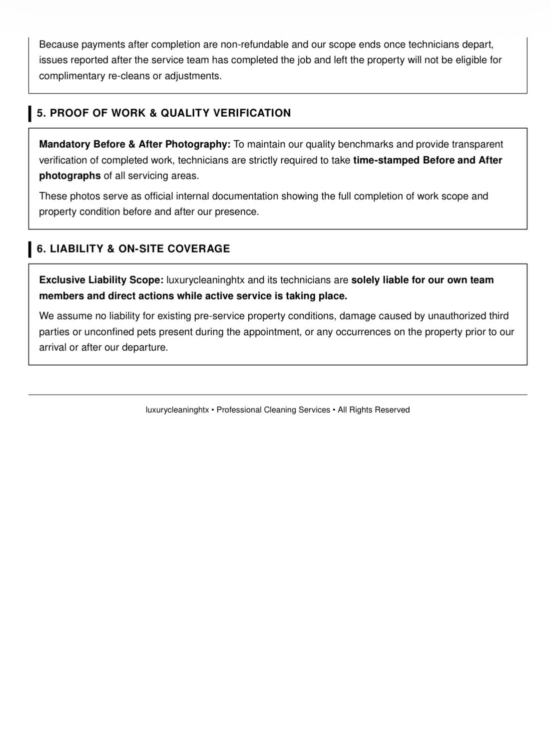 Terms on payments, quality verification, and liability for cleaning services.
