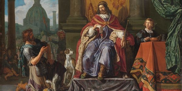 King on throne with subjects in historical setting.