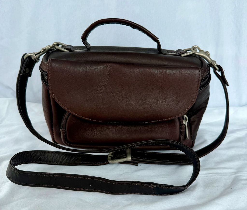 Piel Brown Leather Camera Carry/Shoulder Bag w/ Strap, Zip, Accessory Pockets