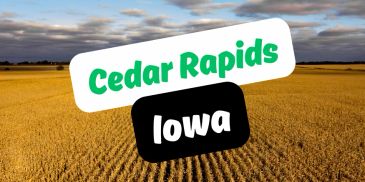 Text reading 'Cedar Rapids Iowa' over a field backdrop.