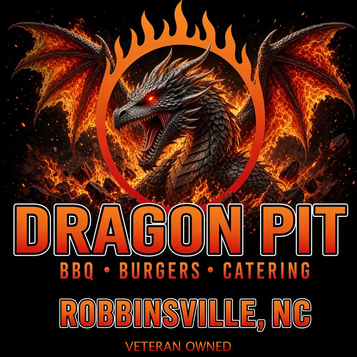 Fiery dragon logo for Dragon Pit BBQ in Robbinsville, NC.