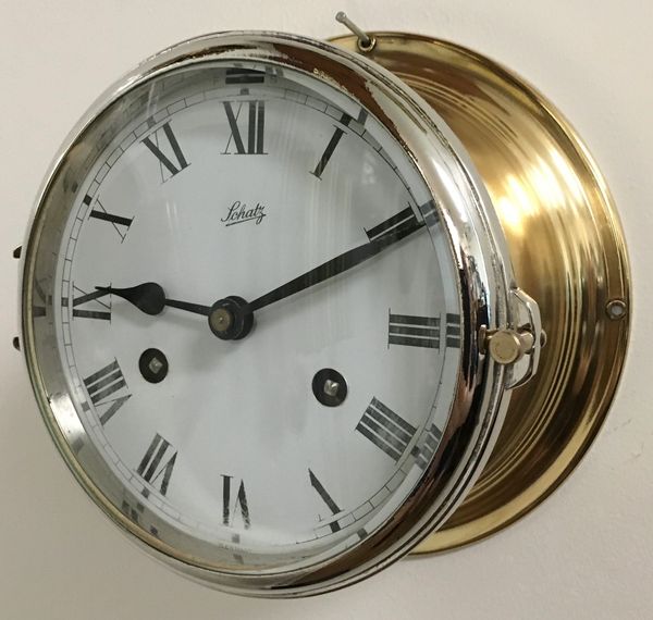 The customer's Schatz (Germany) ship's bell clock after restoration by The Sands of Time.