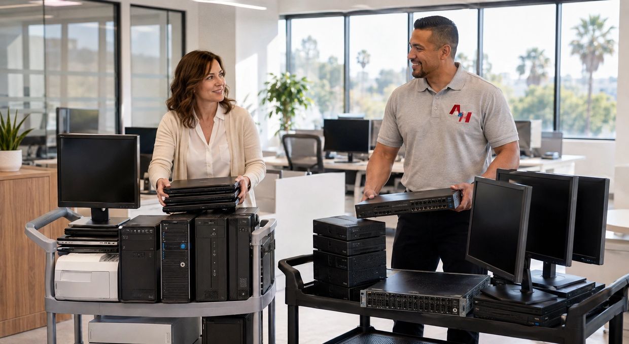 Two IT workers handling computer equipment on carts in an office.