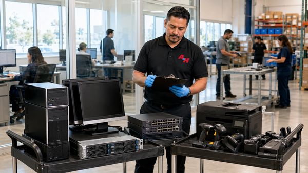 An A&H IT Renew technician inventories retired equipment from a Chino business.