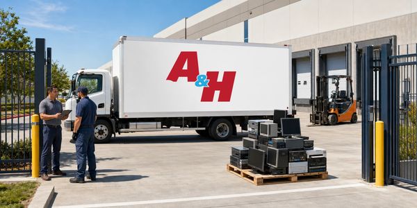Staged electronics move securely from a Fontana equipment area to the loading dock.