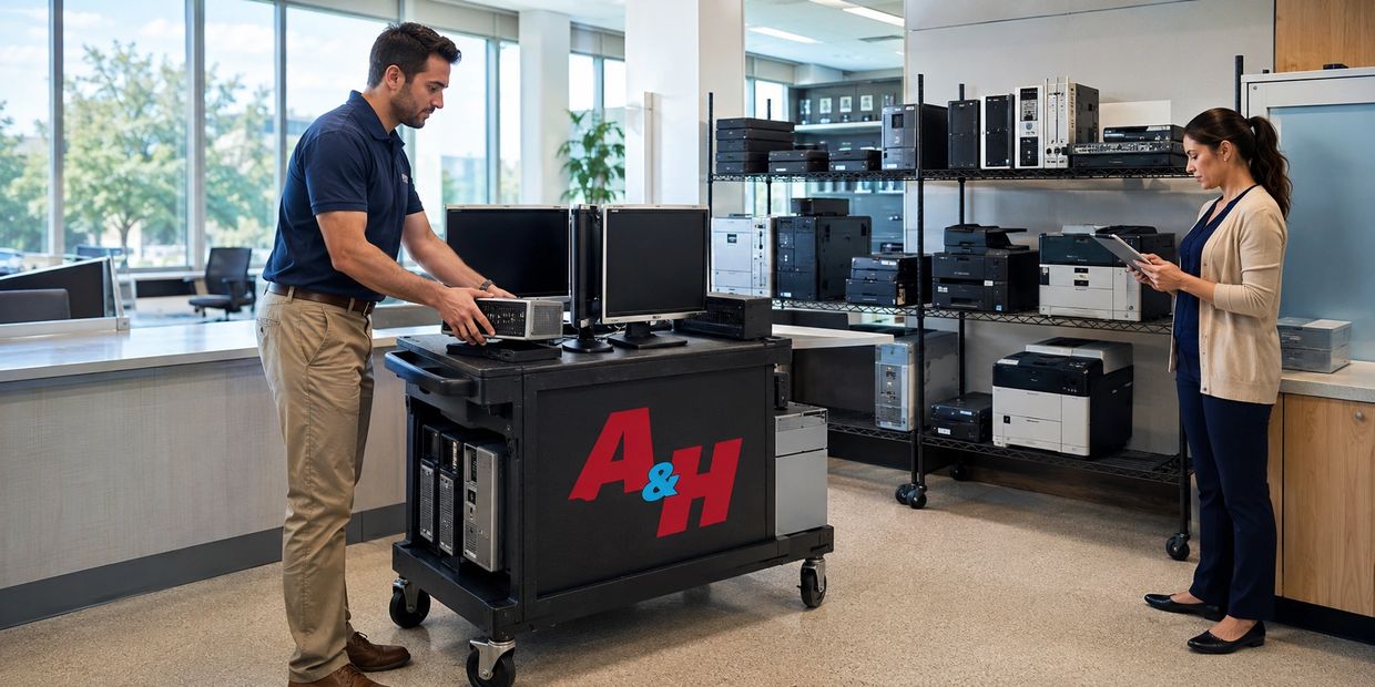 Retired government computers are organized with A&H IT Renew inside a bright public office.