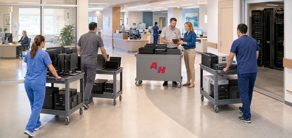 Healthcare teams gather retired electronics from multiple departments for an organized A&H pickup.
