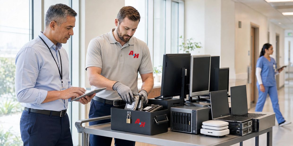 Two men handling computer hardware in a hallway with a nurse walking by.