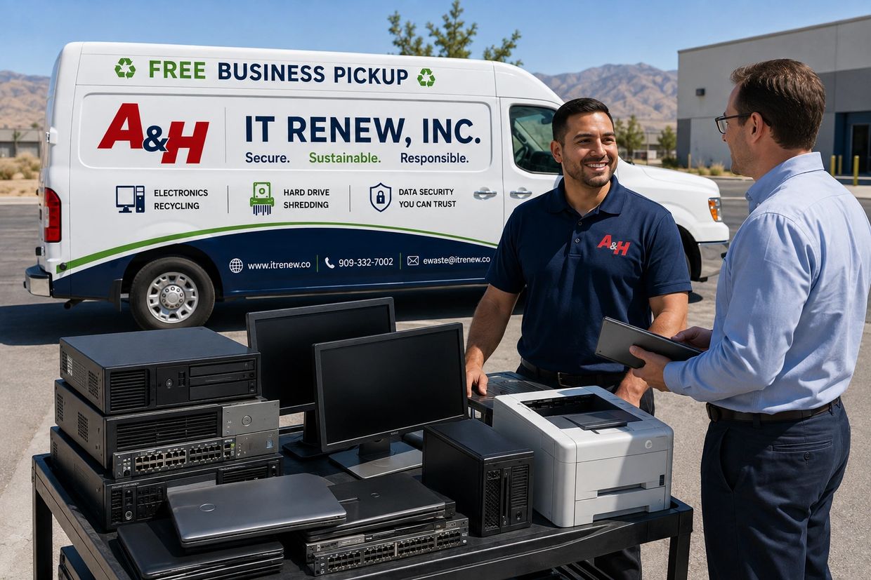 Technician discussing electronics recycling with a Hesperia business manager.