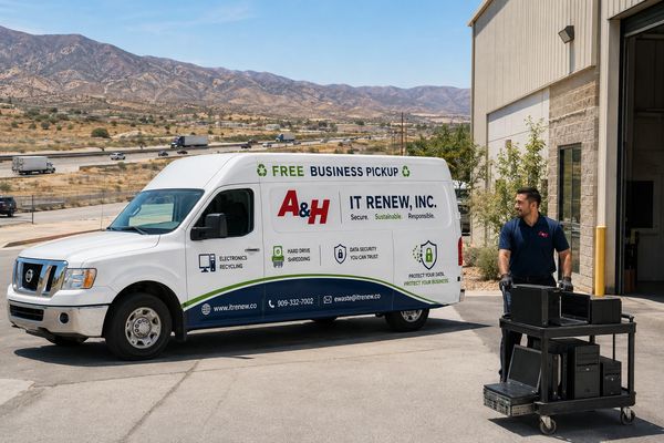Branded pickup van bringing electronics recycling services to High Desert businesses.