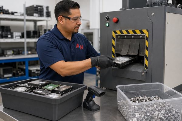 Secure off-site shredding of hard drives collected from Hesperia business customers.