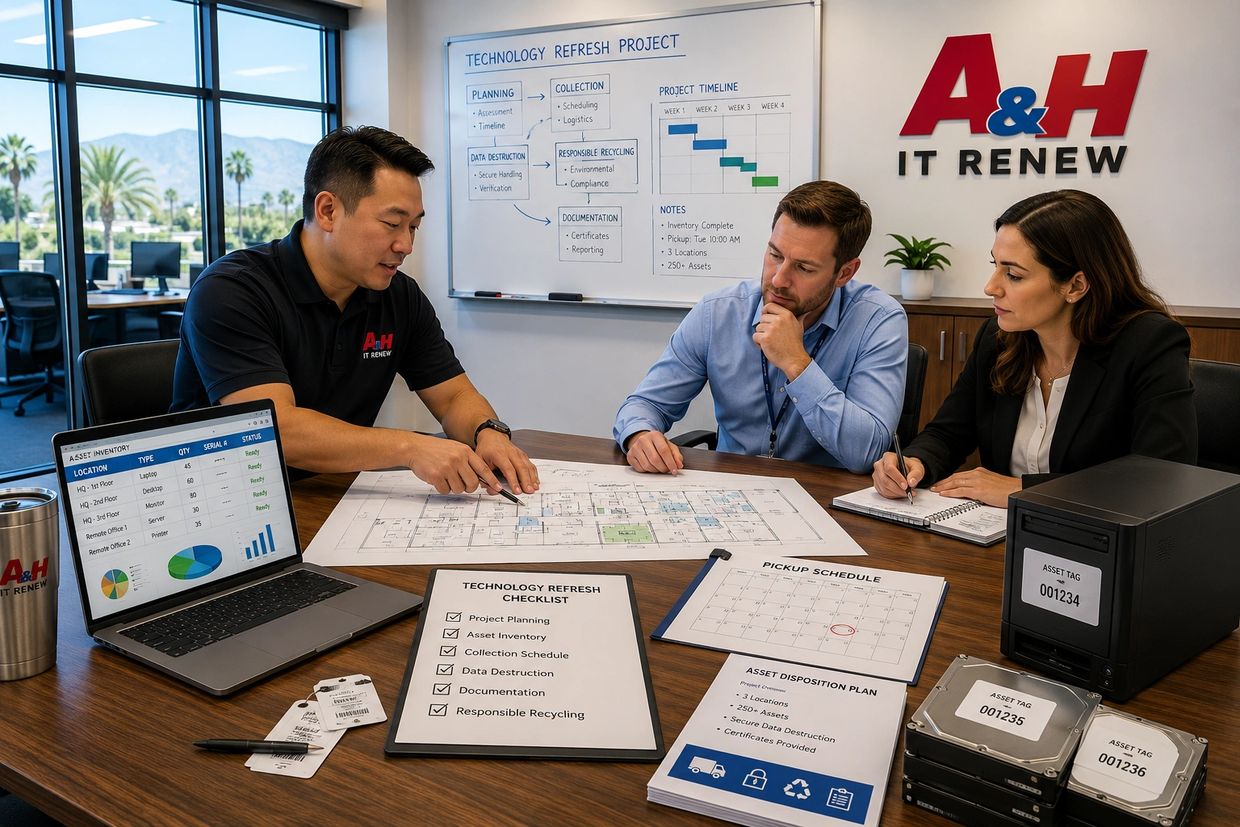 An IT manager reviews retired equipment with A&H IT Renew during a technology refresh.