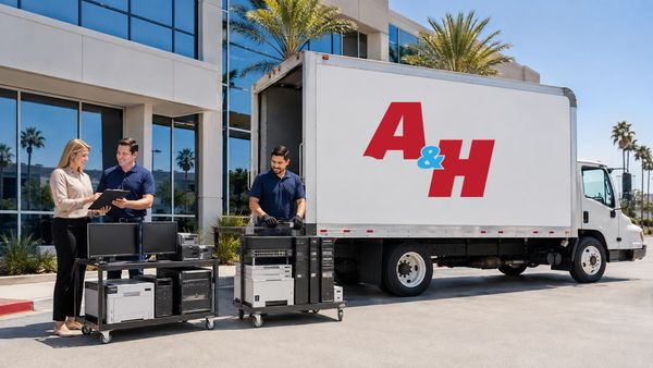 People unloading computers from an A&amp;H truck.