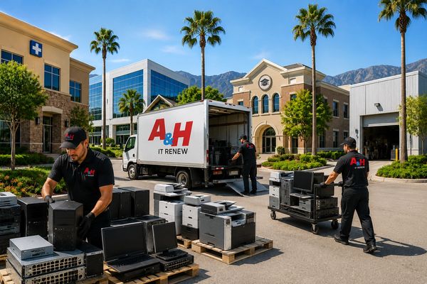 Retired computers, monitors, servers, and network equipment are prepared for pickup.