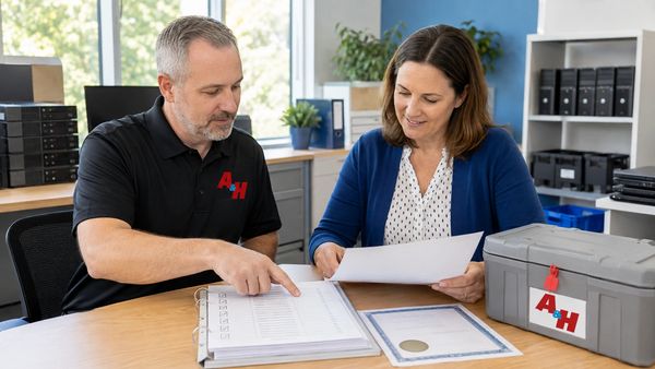 Two colleagues reviewing documents at a desk.