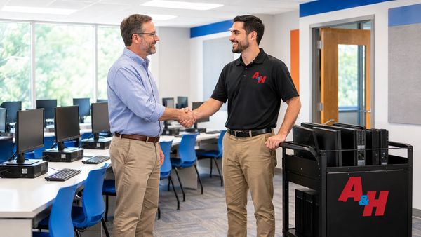 A school administrator and A&H IT Renew employee complete an organized technology refresh.