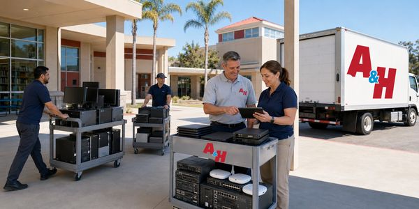 Workers handling tech equipment near an A&amp;H truck.