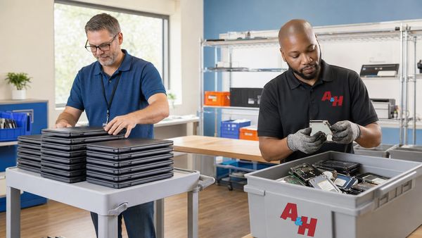 A&H IT Renew staff separate school Chromebooks from hard drives prepared for secure shredding.