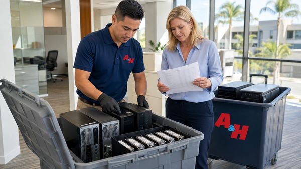 A&H IT Renew organizes office computers and hard drives for secure processing.
